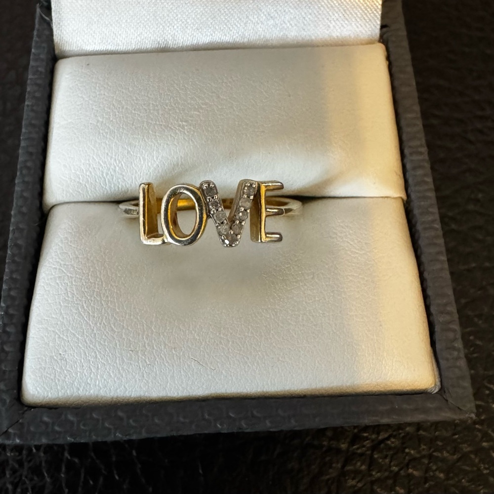 Engild(TM) round white diamond accent 14K gold over sterling LOVE ring. Sz 7.